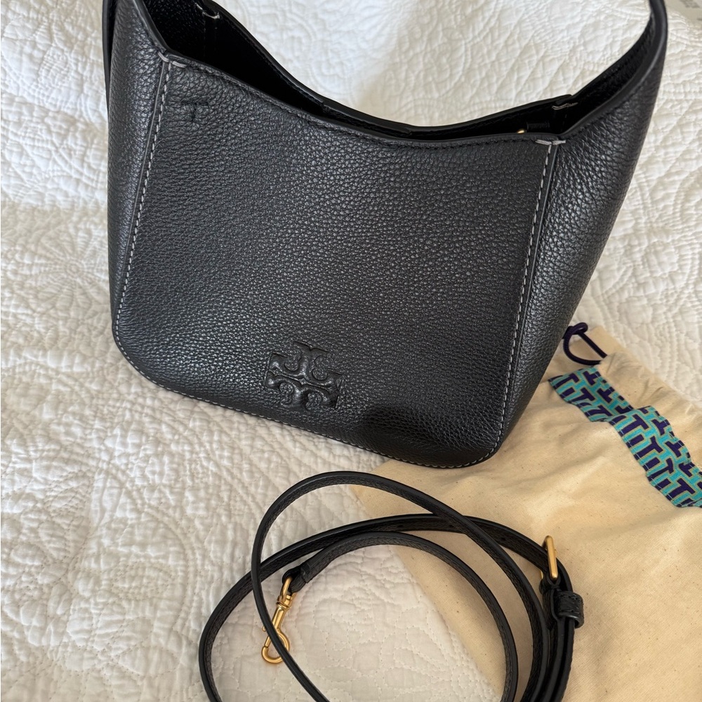 Tory Burch Buckle Handle Black Leather Bucket Women's Bag